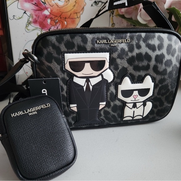 Karl Lagerfeld Handbags - Karl Lagerfeld NWOT Black Gray Leopard Print Camera Bag Pouch Set
